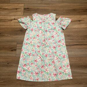 Crown & Ivy Kids Flamingo Floral Dress SZ 16 Green Pink Open Shoulders Girls